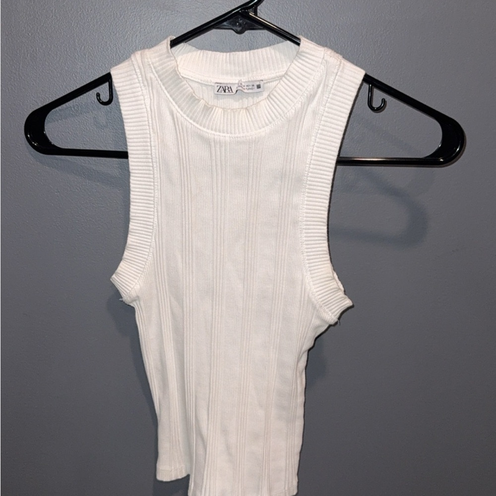 Zara Ribbed Mock Neck White Tank Top size Small